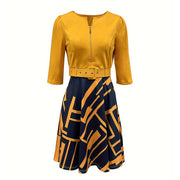 A-Line Midi Dress for Women - Geometric Print, Semi-Zip Neck, Long Sleeves