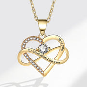 Gold heart-shaped necklace with 'I love you for always and forever' engraving on a white background