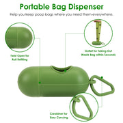 Green portable bag dispenser with features highlighted on a white background