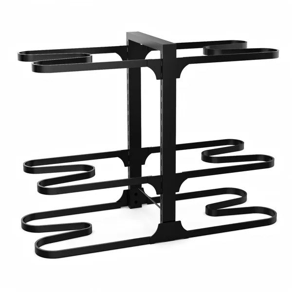 Black metal bottle rack on a white background