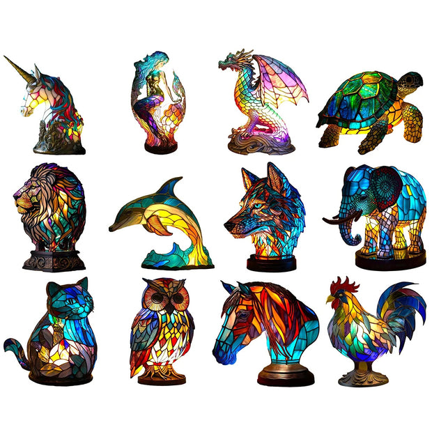 Collection of colorful animal-themed lamps on a white background