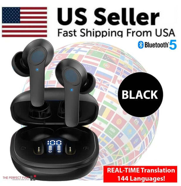 Black wireless earbuds with charging case on a colorful globe background, labeled 'US Seller' and 'Fast Shipping From USA'.