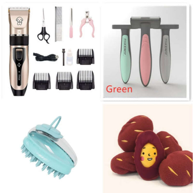Comprehensive pet grooming kit including dog hair clipper, combs, scissors, and grooming tools for easy pet care.