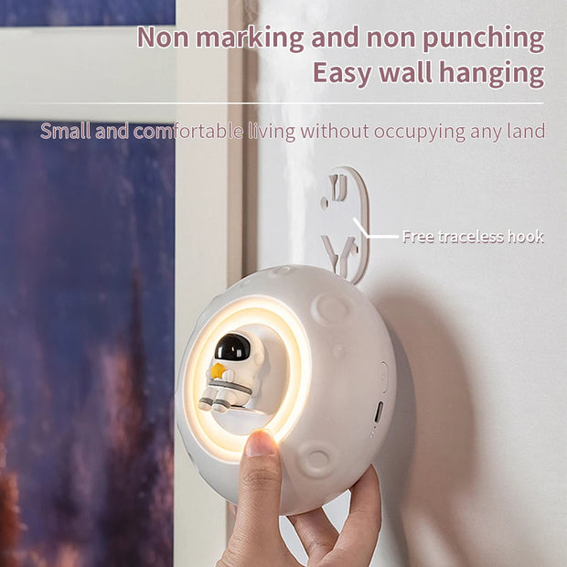 Small night light being attached to a wall with text highlighting its features.
