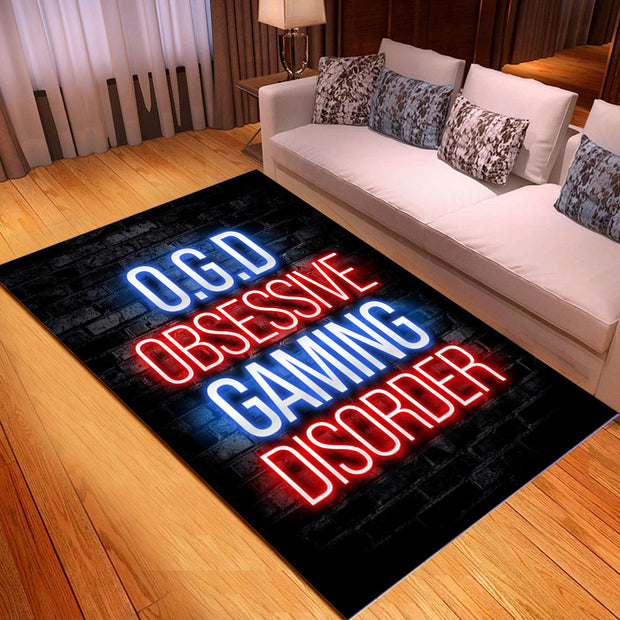 Neon sign-style rug with 'O.G.D OBSESSIVE GAMING DISORDER' text on a black brick background, placed in a living room.