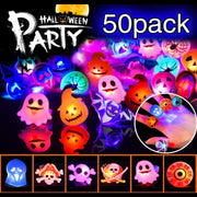 50-pack of Halloween-themed LED rings with various designs on a dark background.
