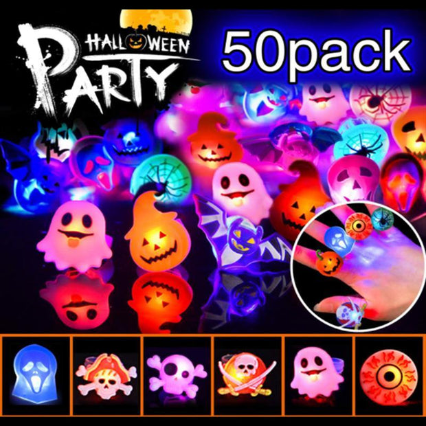 50-pack of Halloween-themed LED rings with various designs on a dark background.