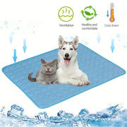 Cooling pad for pets with two dogs on it, featuring icons and text about its benefits.