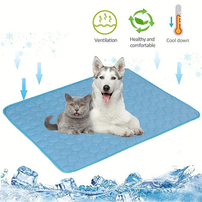 Cooling pad for pets with two dogs on it, featuring icons and text about its benefits.