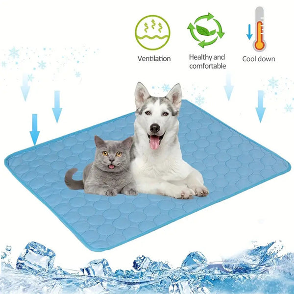 Cooling pad for pets with two dogs on it, featuring icons and text about its benefits.