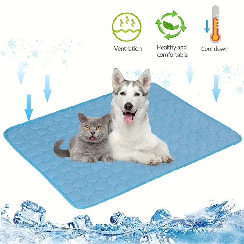 Cooling pad for pets with two dogs on it, featuring icons and text about its benefits.
