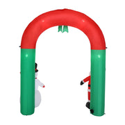 Inflatable arch with red and green colors, featuring a snowman and Santa Claus figure on a white background.