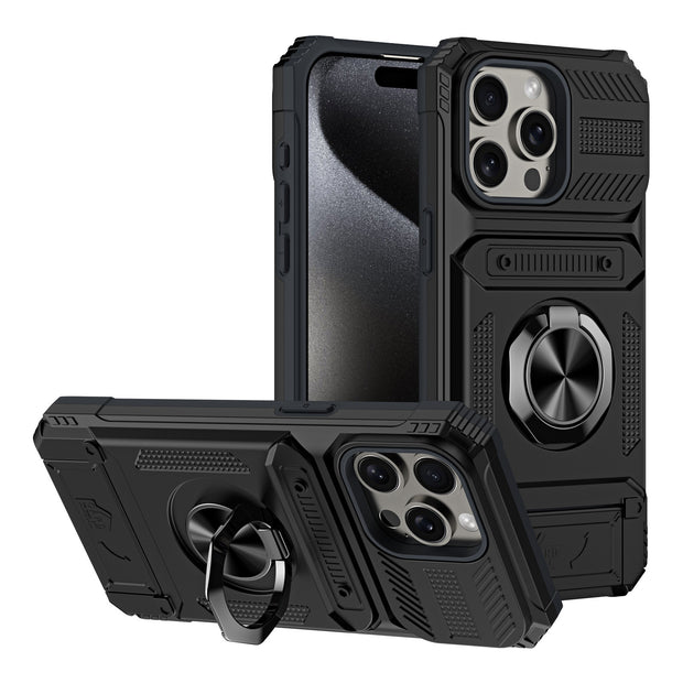 Black phone case with ring holder on a white background