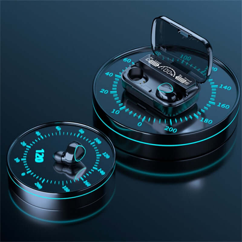 TWS 5.1 Waterproof Bluetooth earphones in sleek charging case, highlighting innovative design and sound quality.