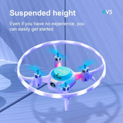 Drone with colorful lights on a blue background, featuring text about easy start-up.