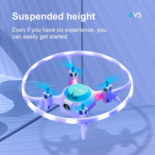 Drone with colorful lights on a blue background, featuring text about easy start-up.