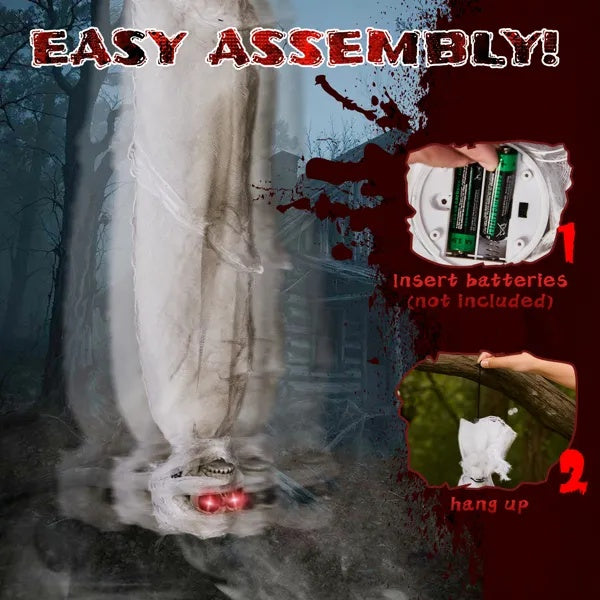 Halloween decoration with ghostly figure and 'Easy Assembly' text, featuring a dark forest background.