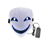 White mask with blue accents and a power adapter on a white background
