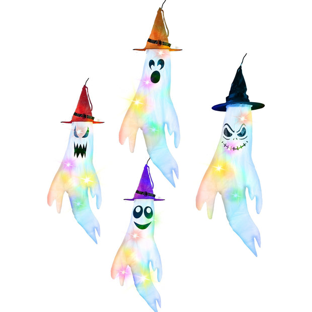 Colorful ghost decorations with witch hats on a white background