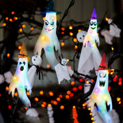 Halloween-themed string lights with ghost figures and colorful lights on a dark background.