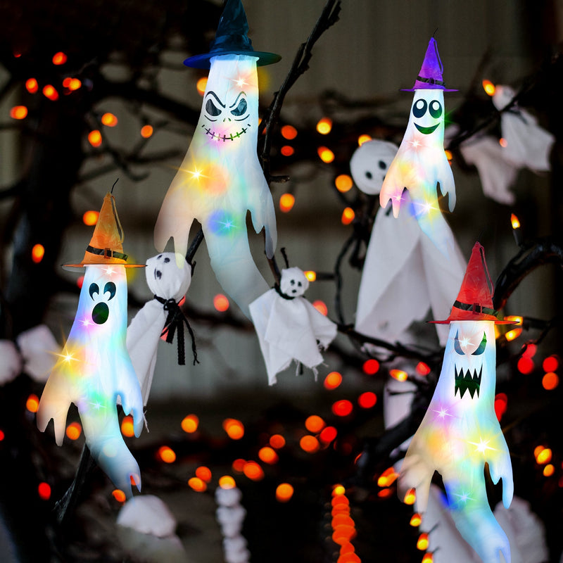 Halloween-themed string lights with ghost figures and colorful lights on a dark background.