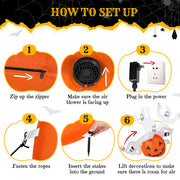Step-by-step guide on how to set up Halloween decorations with pumpkins and air blower.