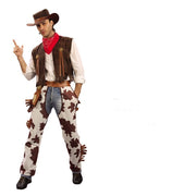 Person wearing a cowboy costume with a vest, bandana, and patterned pants on a white background
