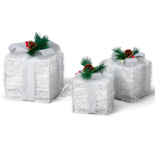 Set of 3 White Christmas Gift Boxes with Elegant Lighting for Holiday Decor
