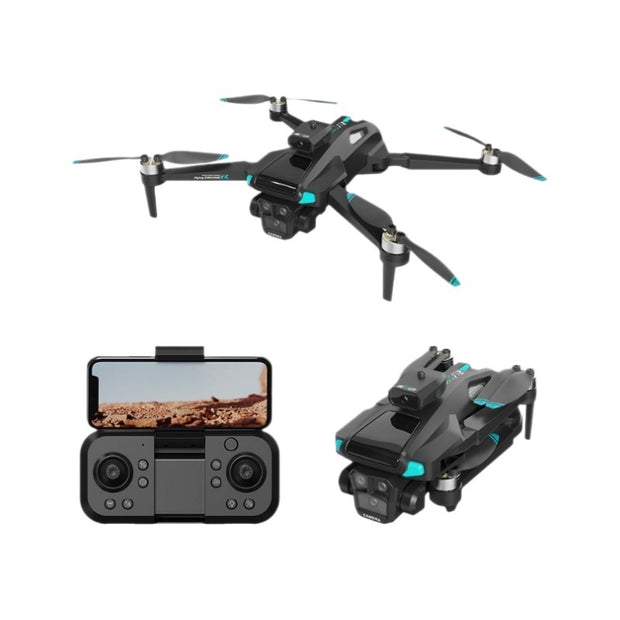 Black drone with camera, remote control, and additional camera module on a white background