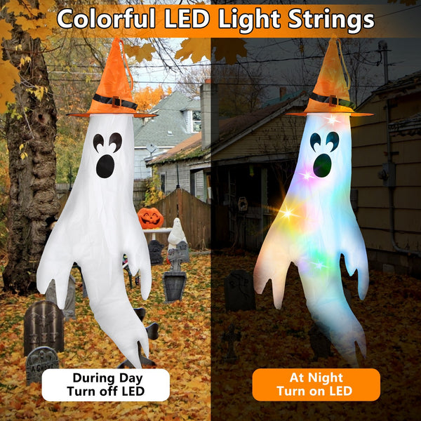 4-Piece Halloween Ghost Windsocks with Witch Hats & Colorful LED Light