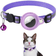 Purple pet collar with a bell and reflective disc, worn by a cat on a white background