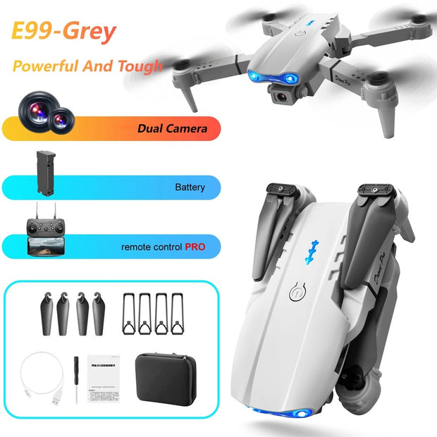 White drone with black accents on a white background, featuring text highlighting features like dual camera and remote control.