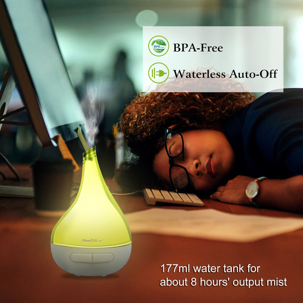 Person lying on a desk with a yellow and white diffuser, text indicating BPA-free and waterless auto-off features.