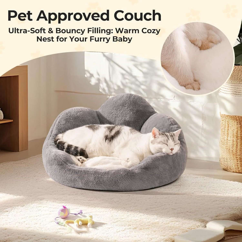 Cozy MEWOOFUN Cat & Small Dog Bed - Fluffy, Washable Flower Sofa with Non-Slip Bottom for Happy Indoor Pets, Grey, 23"