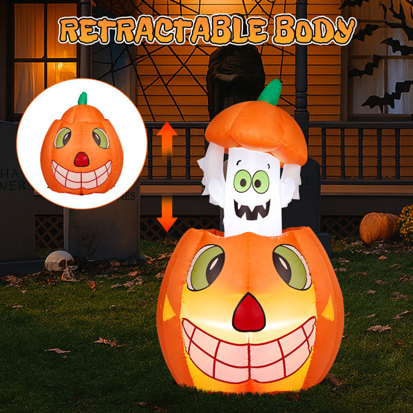 Halloween inflatable decoration with ghost and pumpkin design, featuring a retractable body feature.
