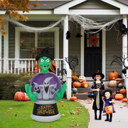 Halloween decorations including a large inflatable witch in a snow globe and children in costumes on a front porch.
