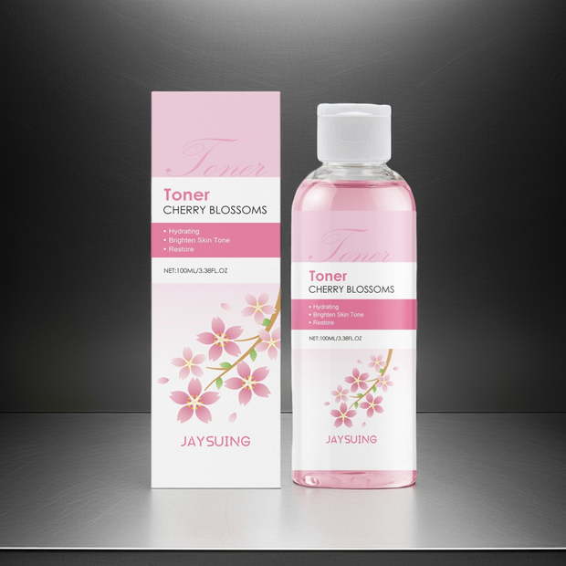 Jaysuing Cherry Blossoms toner bottle and packaging on a black and grey background